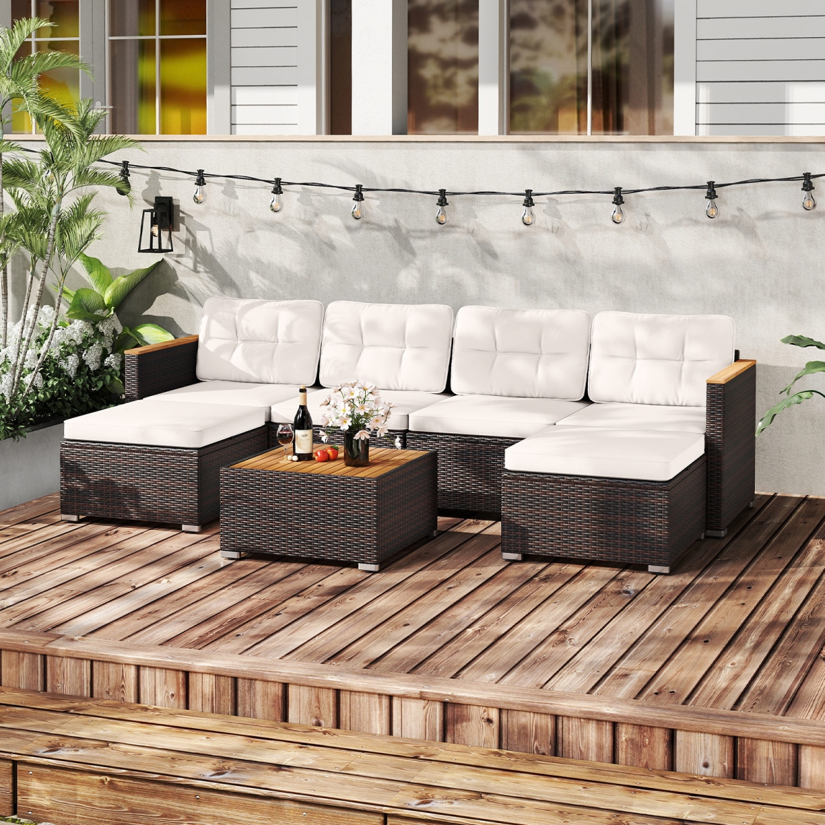 HW74090WH- Wicker Conversation Set with Wood Armrests for Backyard - White - 7 Piece