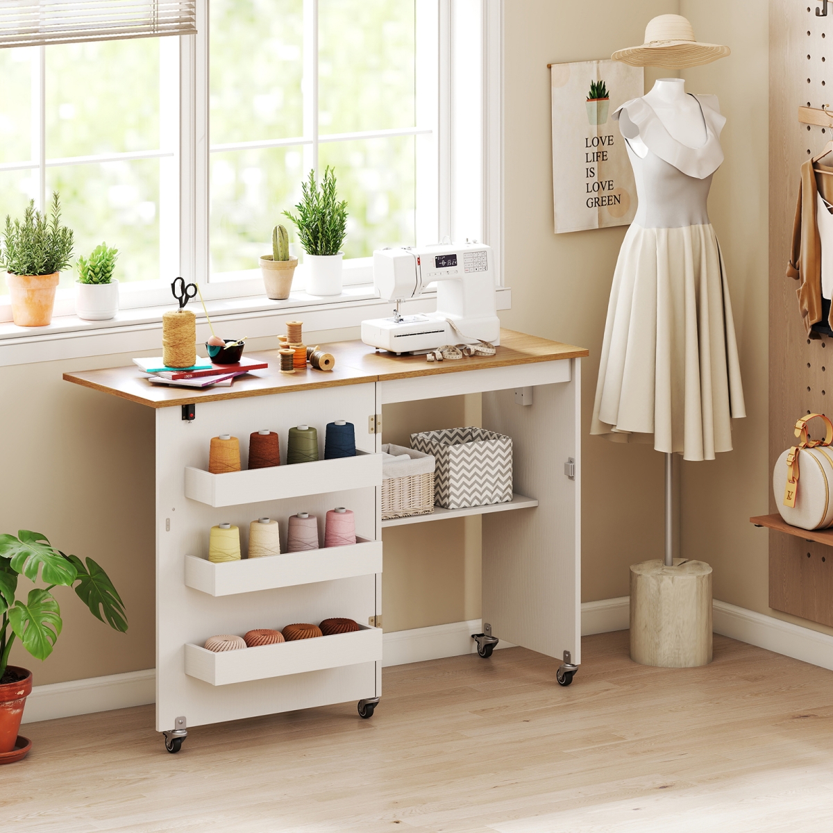 HW73607US-BS Sewing Machine Table with Charging Station & Lockable Casters - Natural & White
