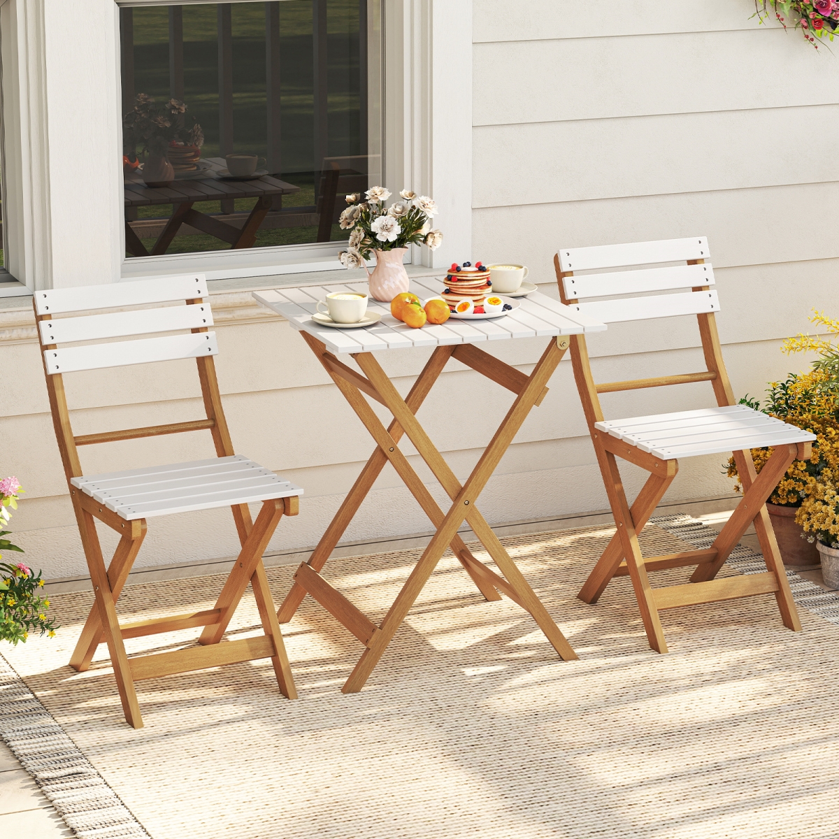 HW73626 Folding Patio Bistro Set with Foldable Design Acacia Wood Porch Chairs & Square Table - 3 Piece