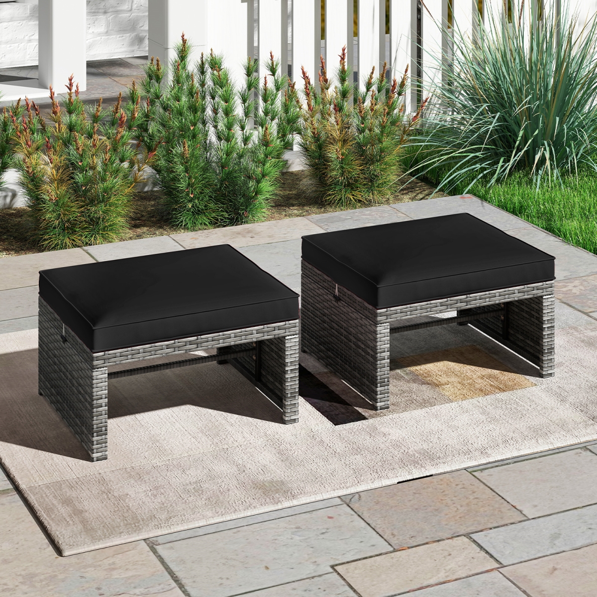 HW73635DK Patio PE Rattan Ottomans with Soft Zippered Cushions for Deck - Black - 2 Piece