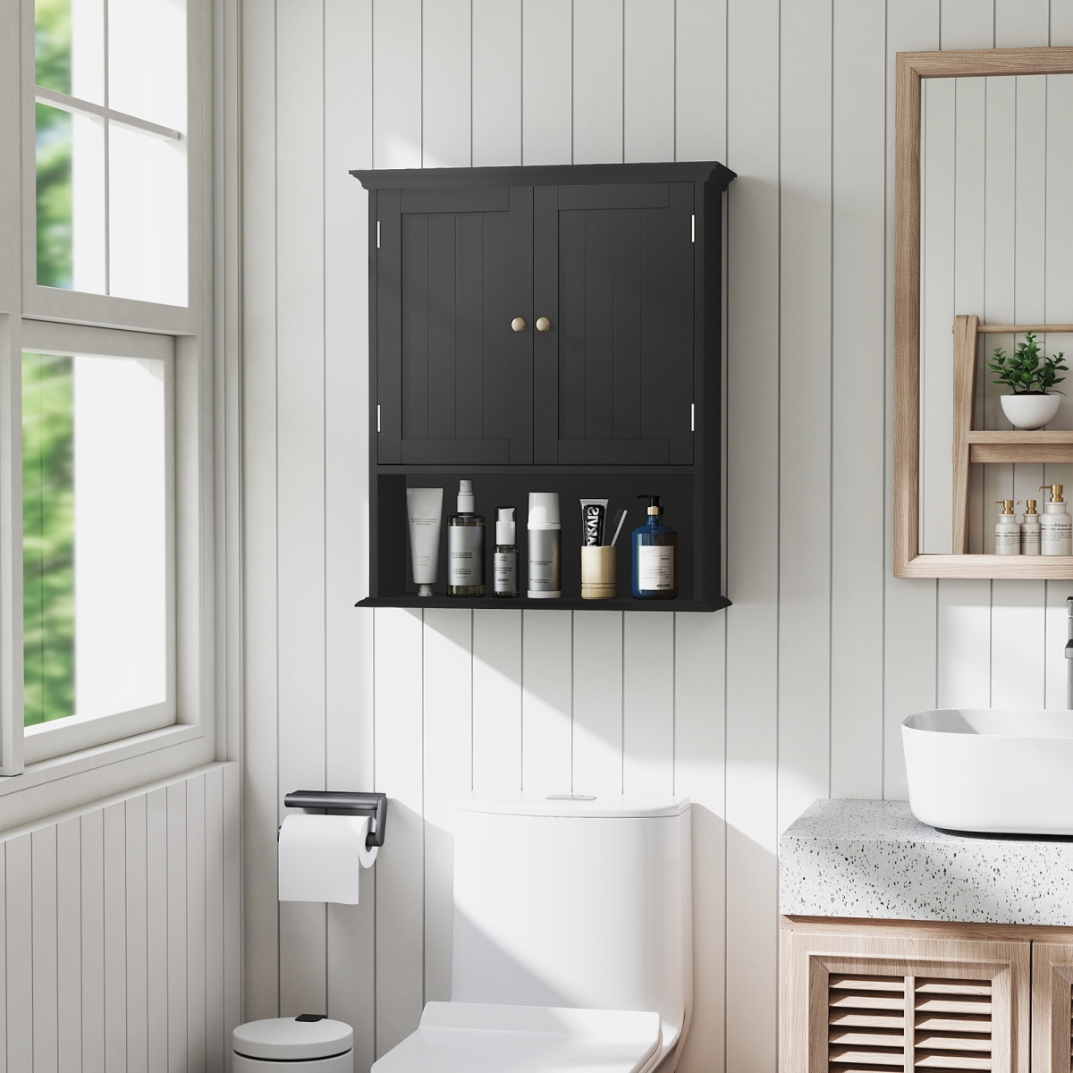 HW66689BK Wall Mount Bathroom Cabinet Storage Organizer with Doors & Shelves - Black