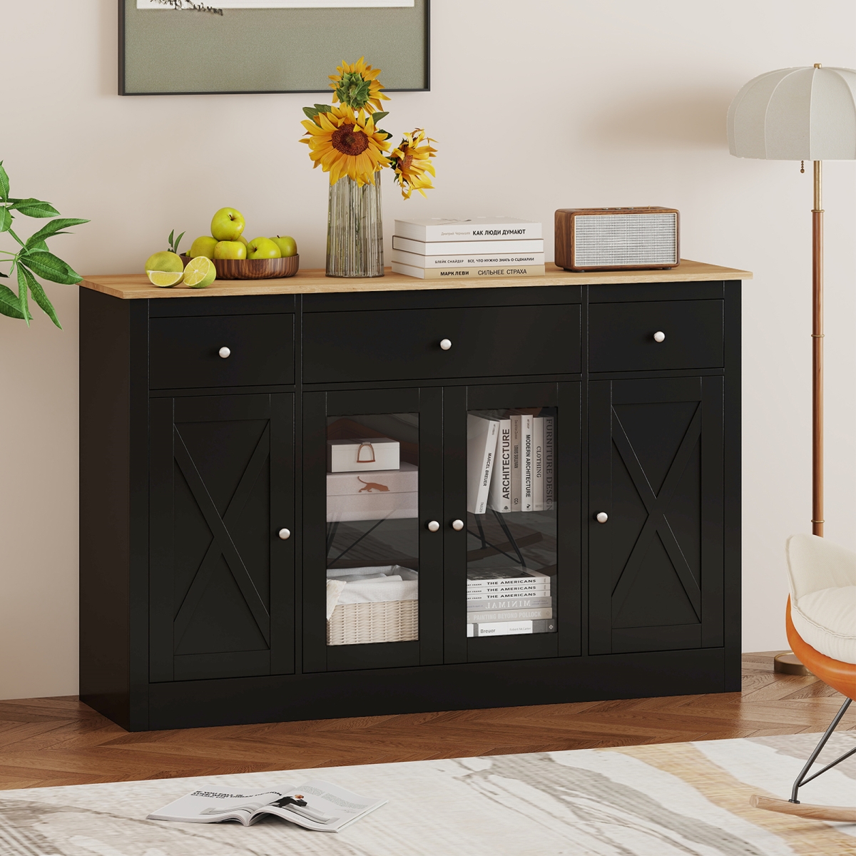 KC57457DK- 55 in. Large Buffet Sideboard Kitchen Storage Cabinet with 3 Drawers 2 See-Through Doors Adjustable Shelves Wine Bar Table - Black