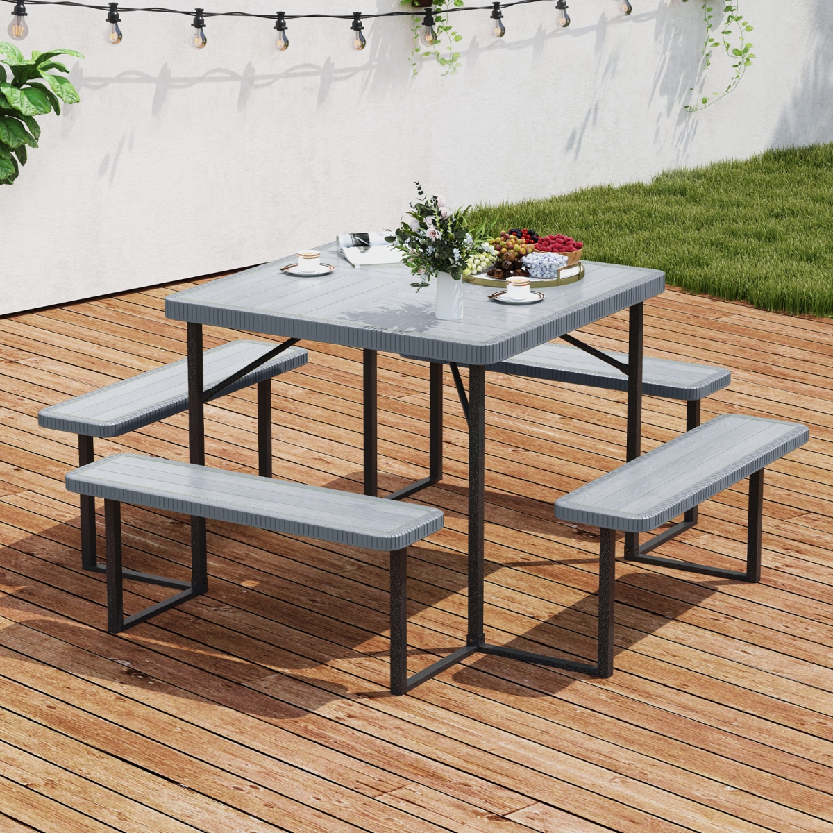 NP12106GR Outdoor Square Picnic Table Bench Set for 4-8 People with Umbrella Hole - Gray