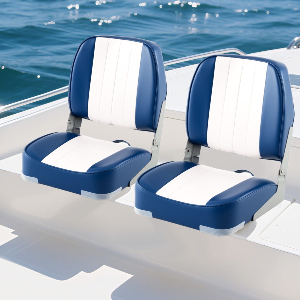 NP12116BL Seats Folding Low Back Boat Chairs Waterproof PVC Leather Cabin Seating - Blue - Pack of 2