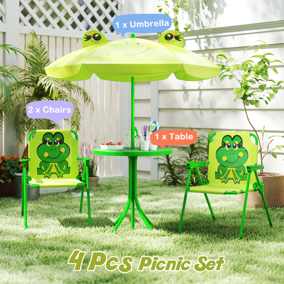 NP12132GN Kids Picnic Set with 2 Folding Chairs & Height Adjustable Umbrella - Light Green - 4 Piece