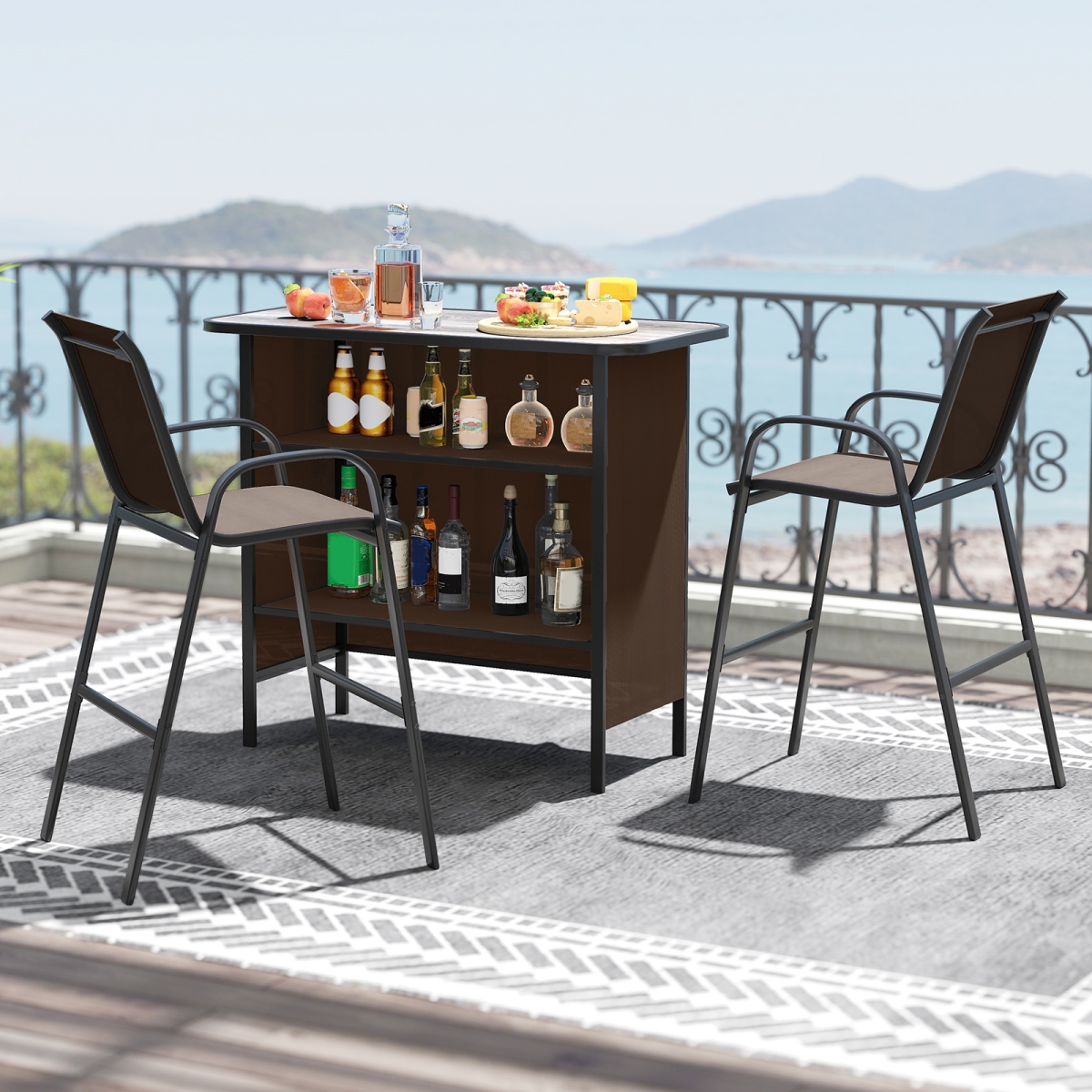 NP12173CF Outdoor Bar Set with Footrest & 2-Tier Shelf - Coffee - 3 Piece