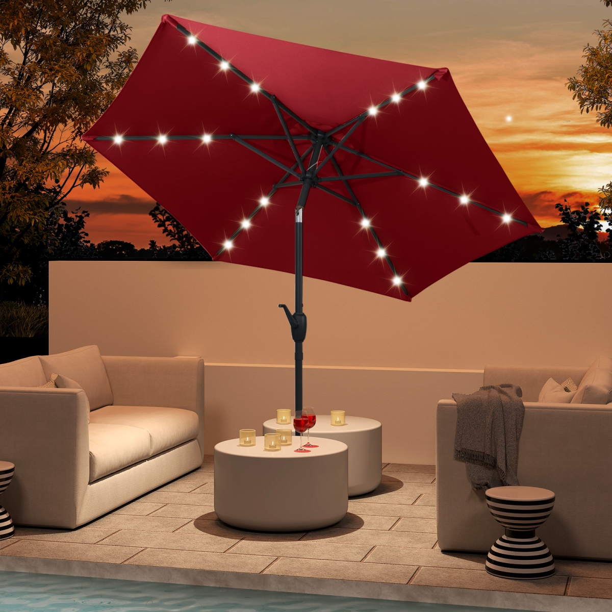 NP12190BUG 7.5 ft. Solar Powered Patio Umbrella with LED Lights & Crank Handle - Burgundy