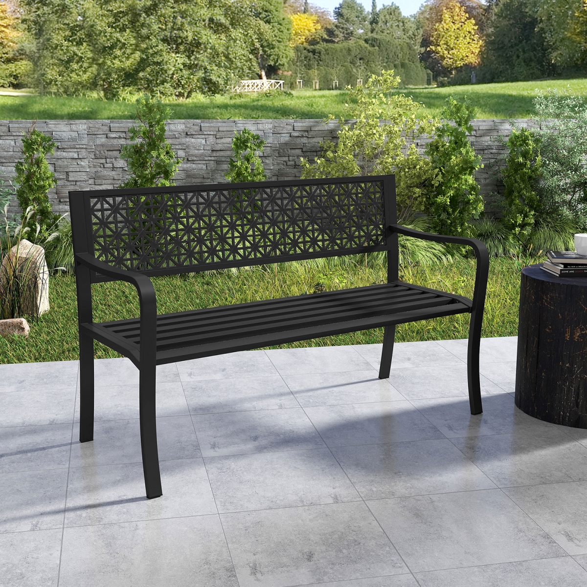 NP12201BK 50 in. Garden Bench with Patterned Backrest & Curved Armrests for 2-3 Person - Black