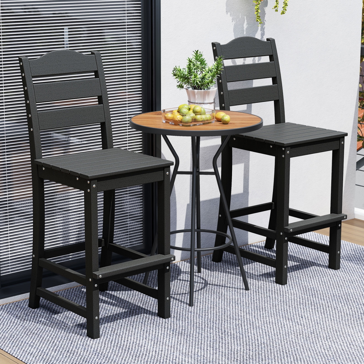 NP10896BK 30 in. Counter Height HDPE Bar Stool with Backrest & Footrest - Black