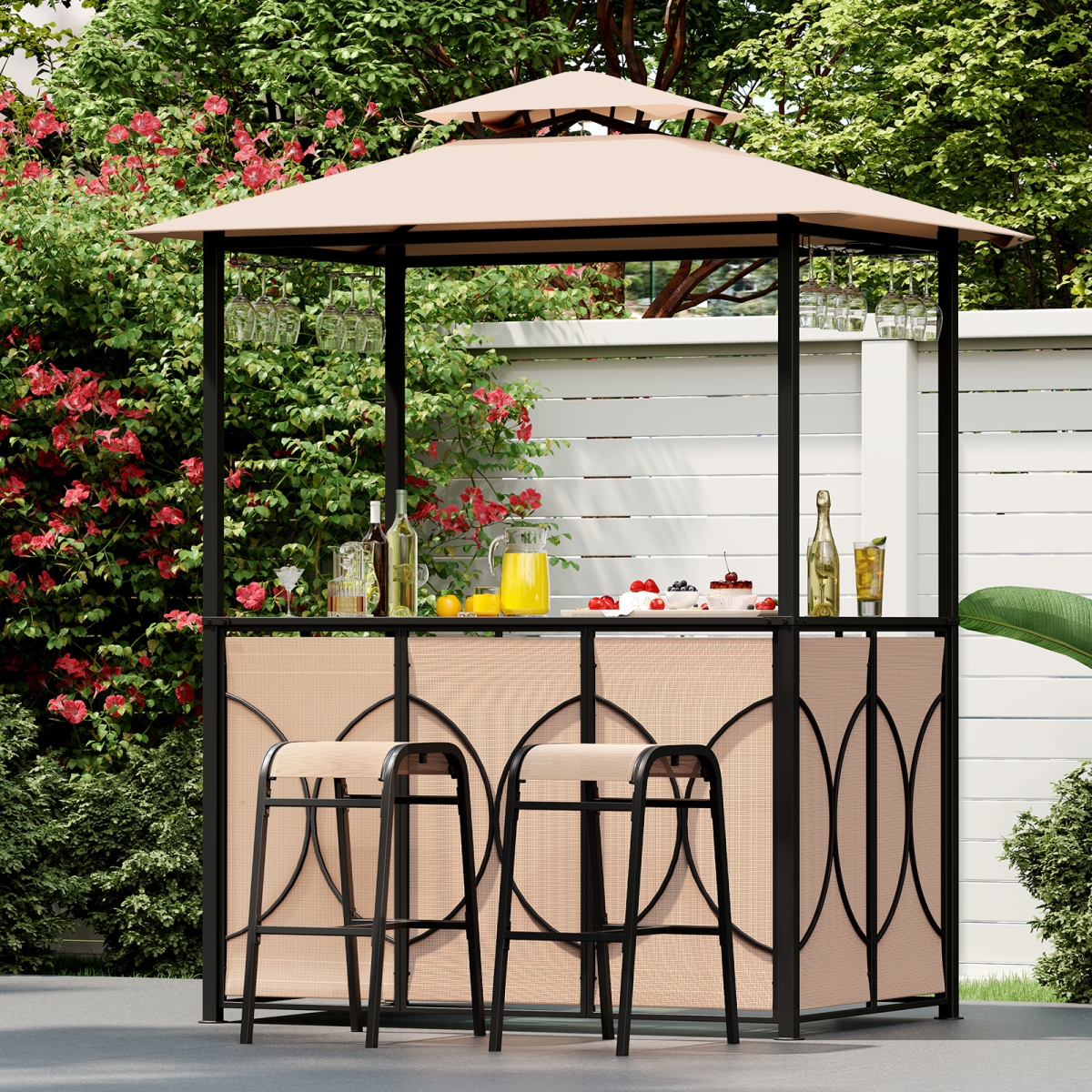 NP12355CF- 6.5 x 4 x 8 ft. Grill Gazebo Set with 2 Bar Stools & Bar Table - Brown