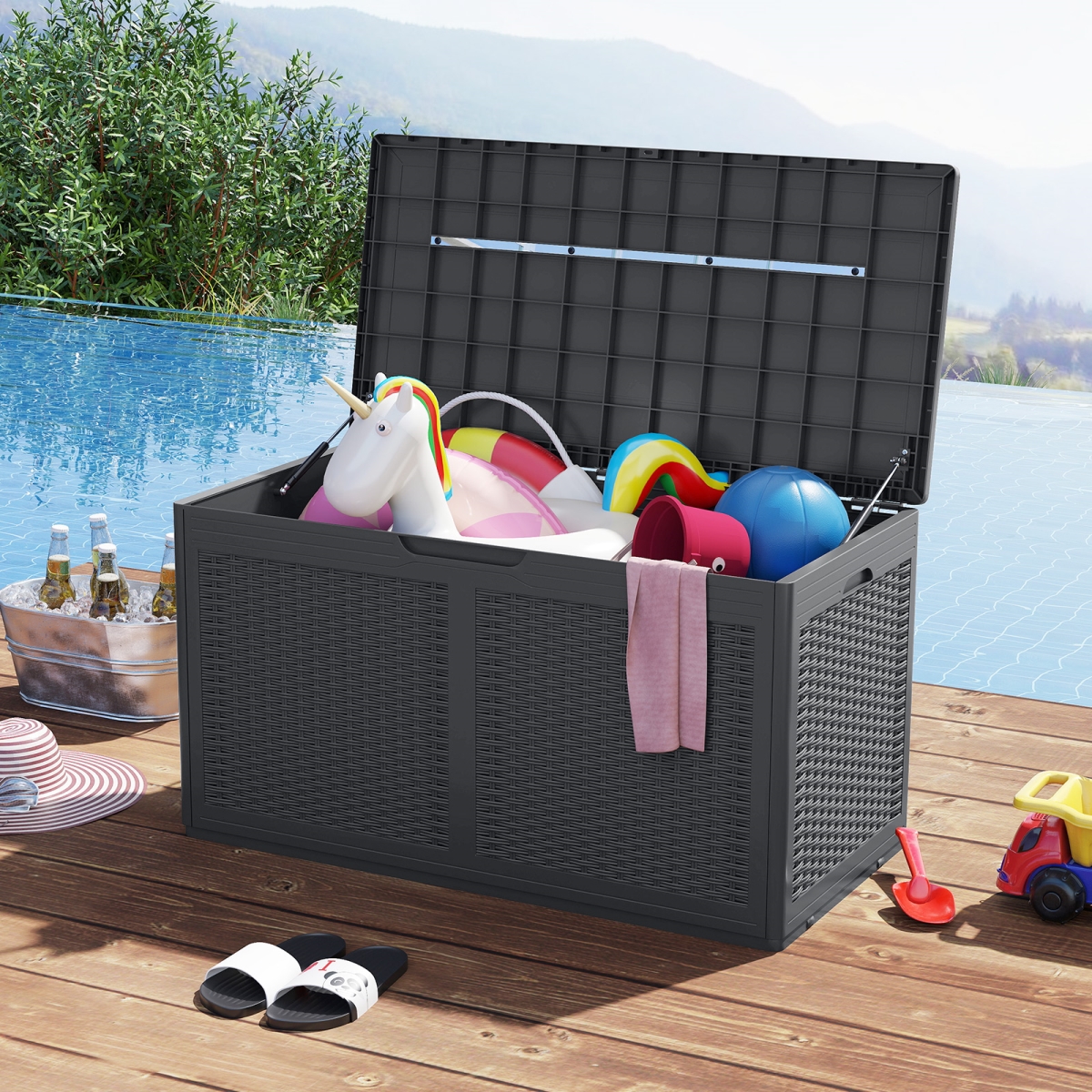 NP12401GR 100 Gallon Resin Deck Box Outdoor Waterproof Storage Bench - Gray