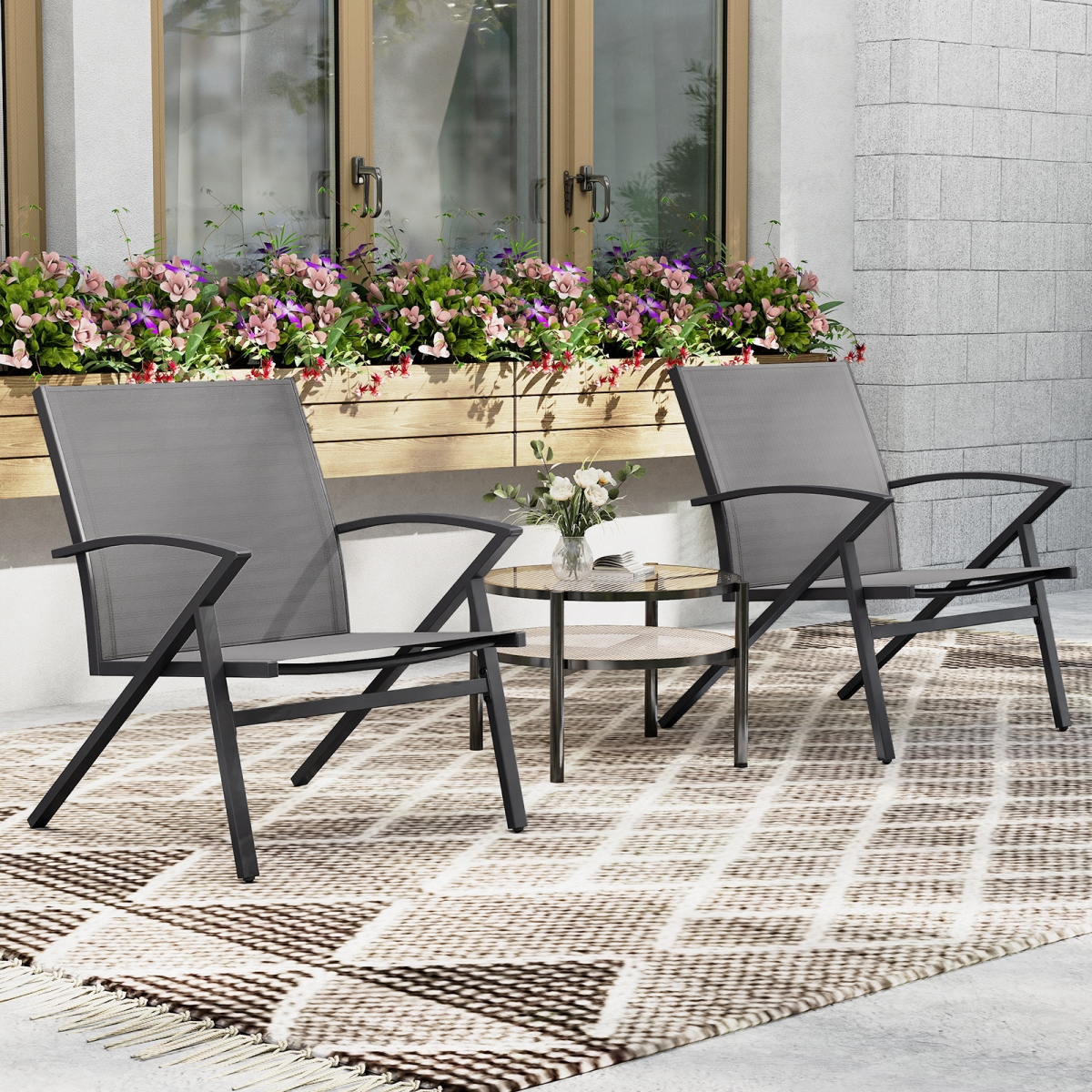 NP12412GR-2 Patio Lawn Chairs with Heavy Duty Metal Frame - Grey - Set of 2
