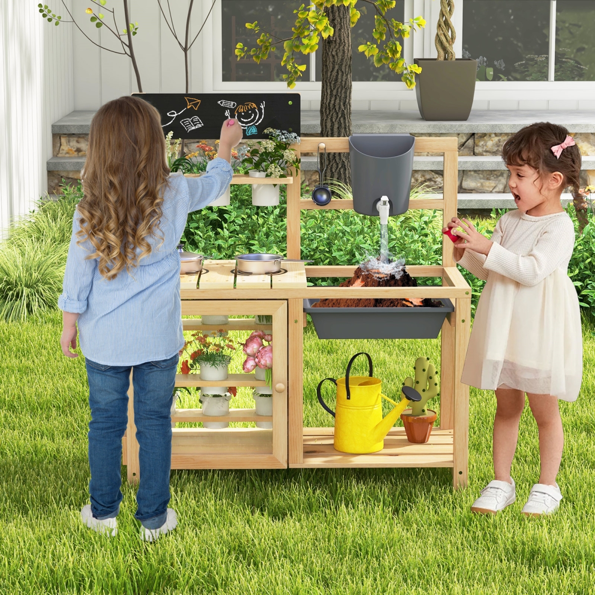 TM10109NA Mud Kitchen Playset with Sink & Plants Observation Room - Natural
