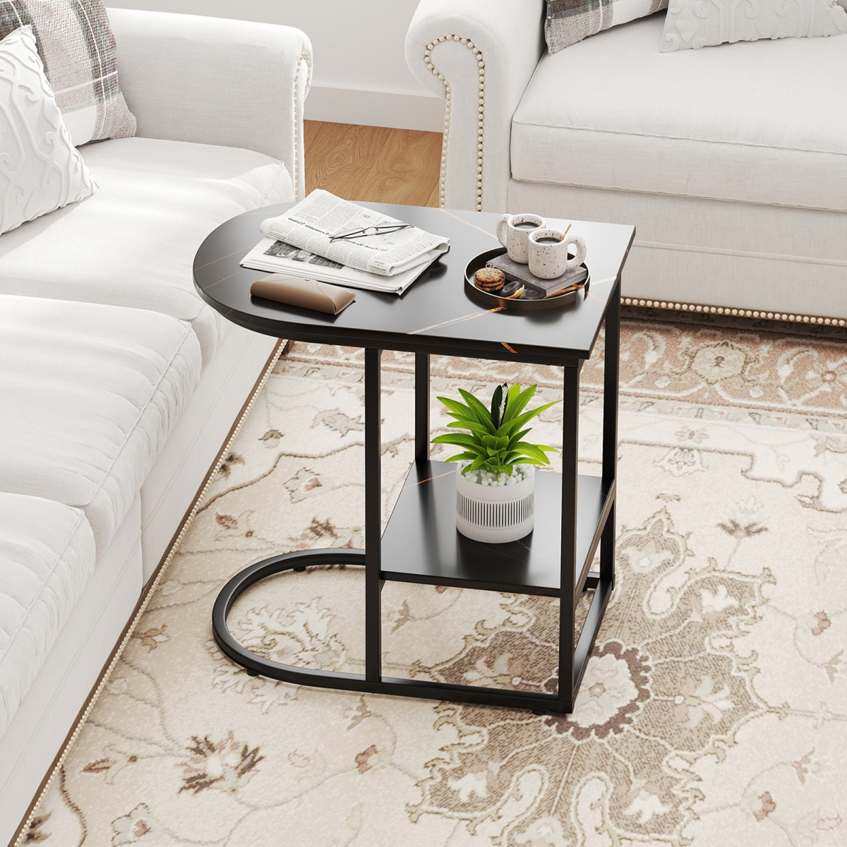 JV11384DK C-Shaped Modern Sofa Side Table with Faux Marble Tabletop & Storage Shelf - Black