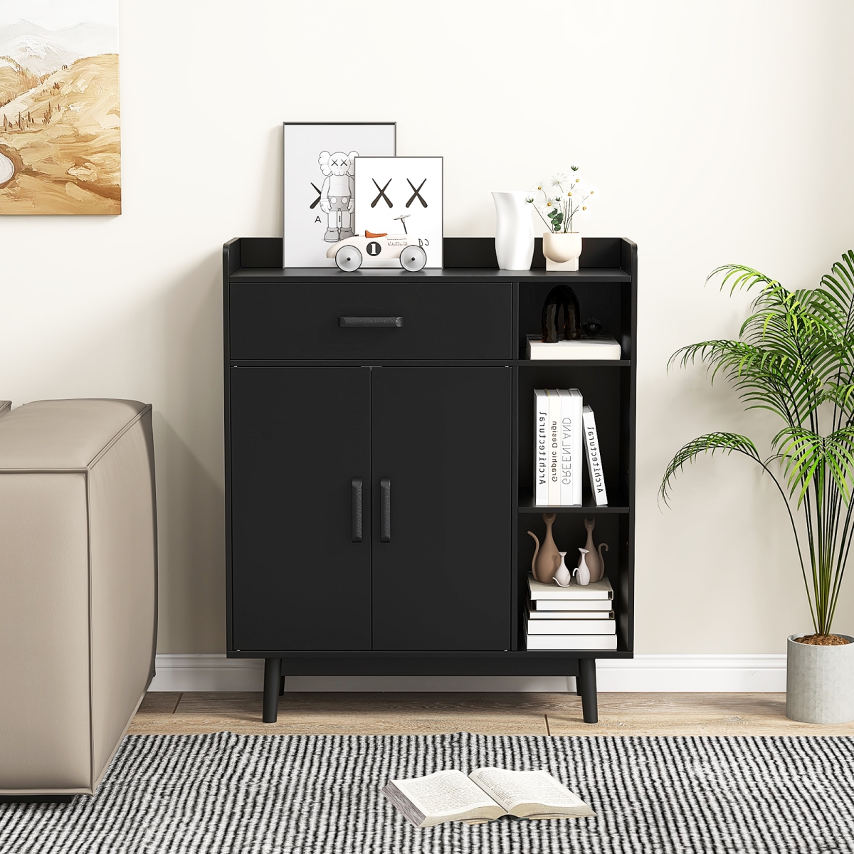 HW65980DK Floor Storage Cabinet Free Standing Cupboard Chest with 1 Drawer - Black