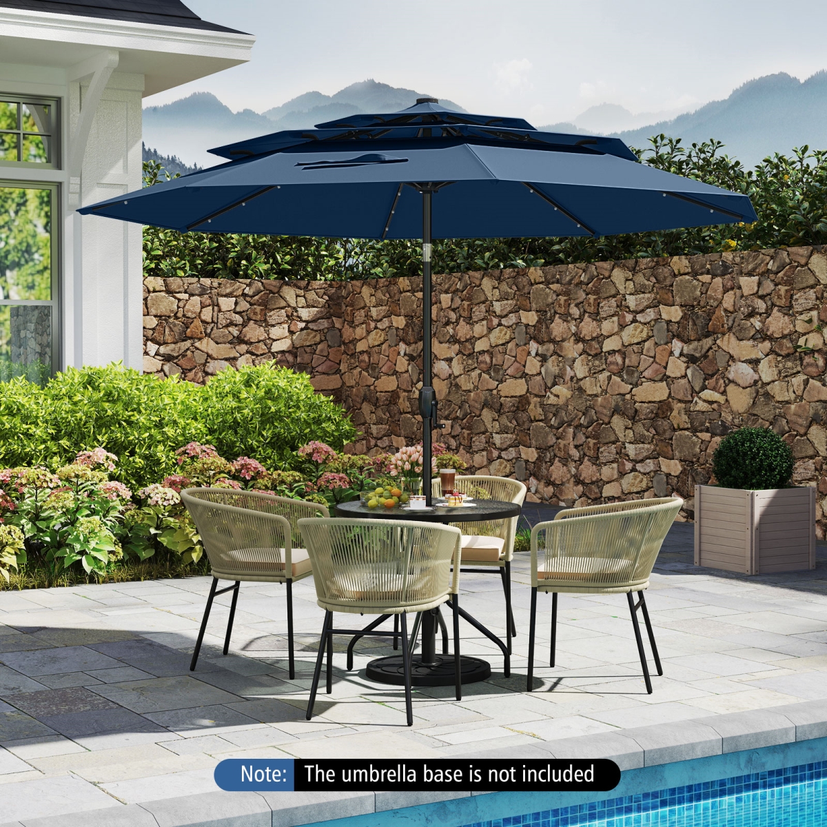NP11543NY 10 ft. Solar Patio Umbrella with 32 LED Lights 3-Tier Vented Top - Navy