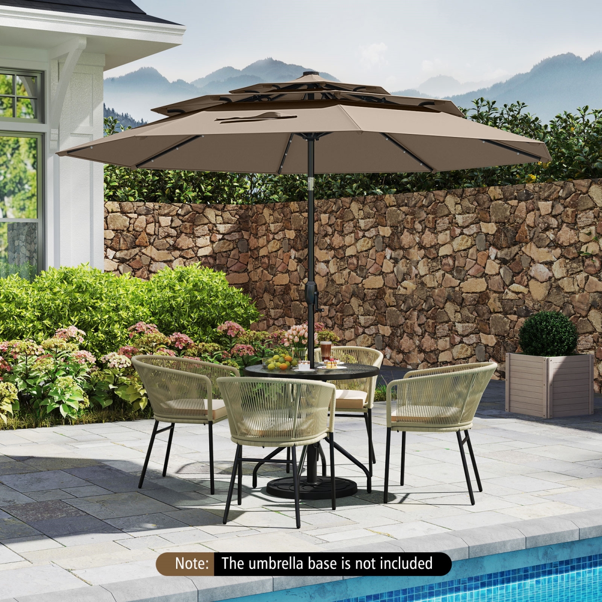 NP11543TN 10 ft. Solar Patio Umbrella with 32 LED Lights 3-Tier Vented Top - Taupe