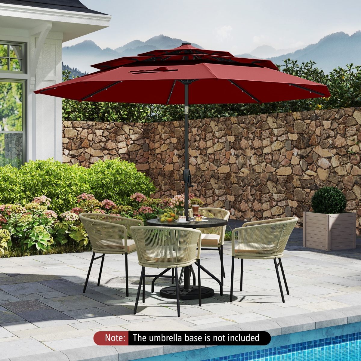NP11543WN 10 ft. Solar Patio Umbrella with 32 LED Lights 3-Tier Vented Top - Wine