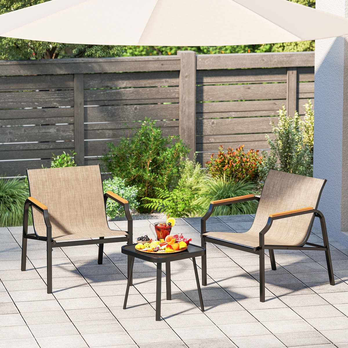 NP12065CF Outdoor Chair Set with Breathable Fabric Seat & Armrests - Brown - 3 Piece
