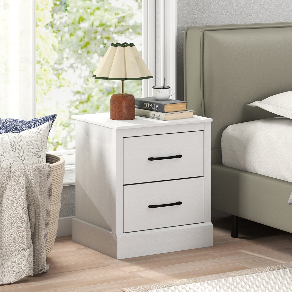 JV10795BS Wood Compact Floor Nightstand with Storage Drawers - White