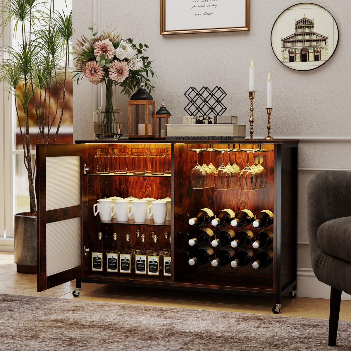 Picture of Costway JV12852US-CF Wine Bar Cabinet with LED Light & Adjustable Shelves - Rustic Brown