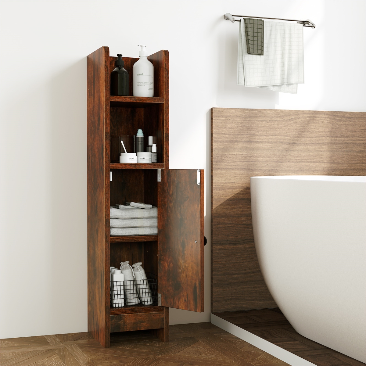 JV12868CF Bathroom Slim Cabinet Corner with Door & Adjustable Shelf - Rustic Brown