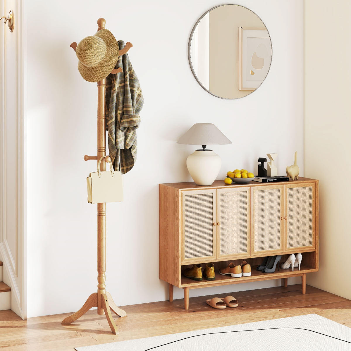 JV13003NA Solid Wood Hall Tree with 11 Hooks & 3 Height Options for Entryway - Natural