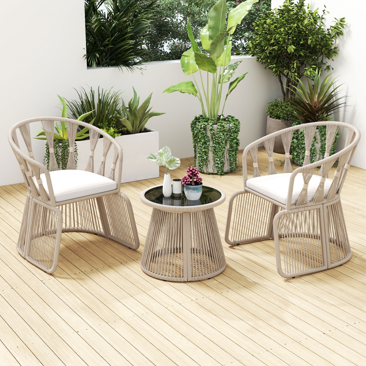 JV13308WH Patio Leisure Chair Set with Rope-Woven Armchairs & Seat Cushions - Off White - 3 Piece