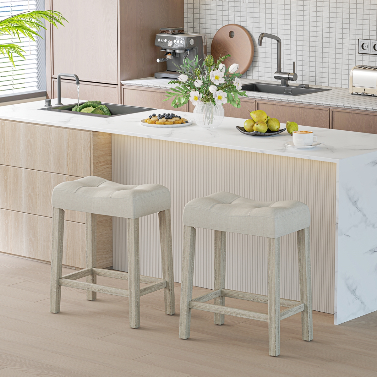 JV12052GR-2 4 Upholstered Counter Height Bar Stool with Curved Saddle-Seat-Light Gray - Set of 2