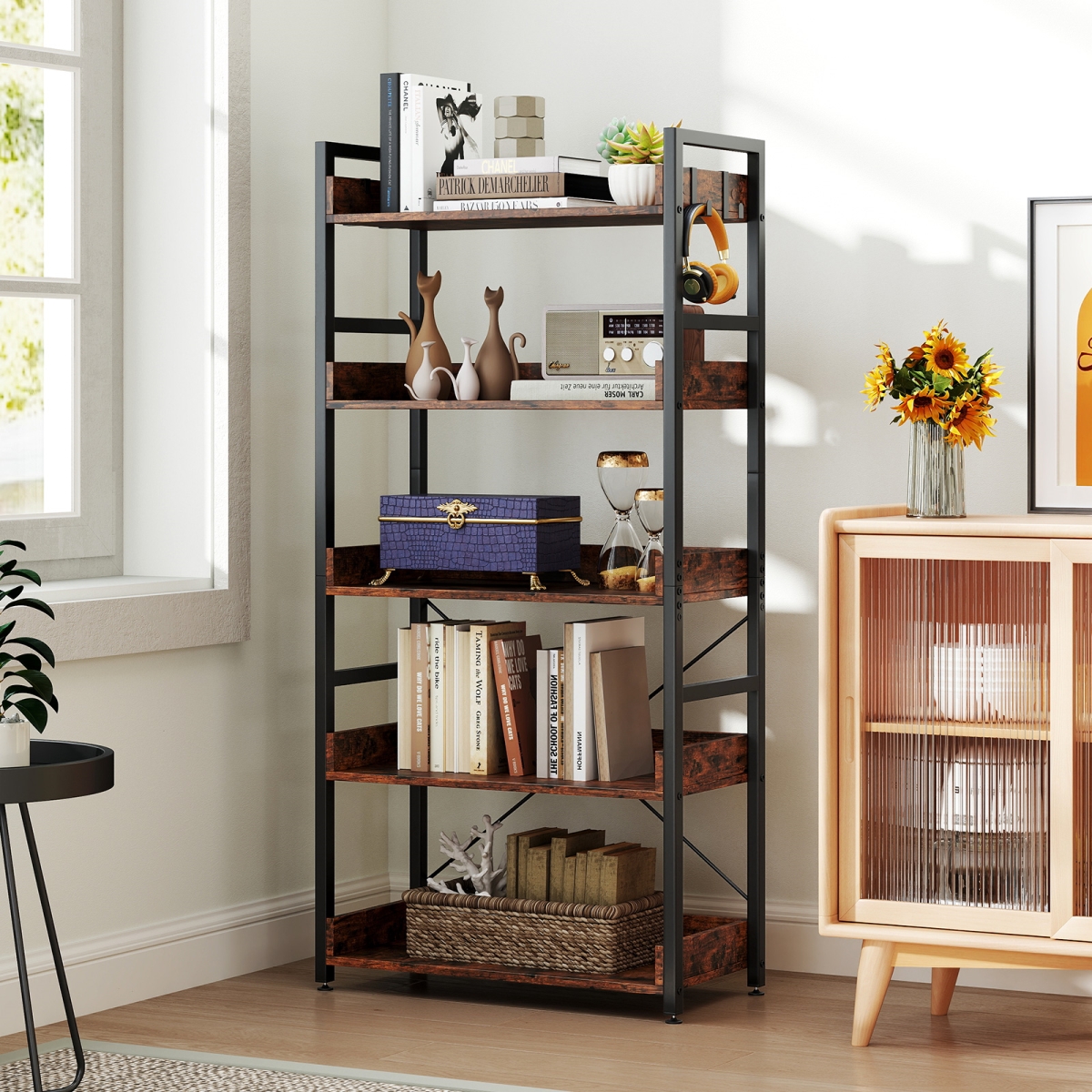 JV12364CF 5-Tier Bookshelf with 4 Hooks Industrial Storage Bookcase - Rustic Brown