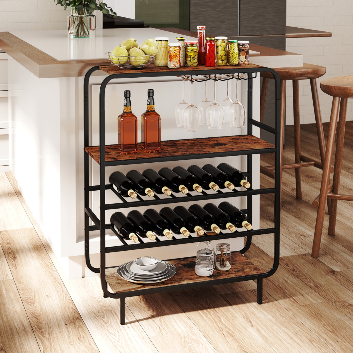 Picture of Costway JV12531CF 16 Bottle Wine Rack with 5-Tier Wine Shelf & Glass Holders for Kitchen Bar - Rustic Brown