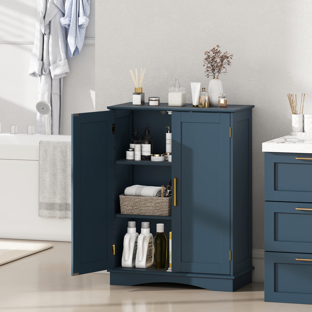 JV12614BL Bathroom Floor Storage Cabinet with 2 Doors & Adjustable Shelves - Blue