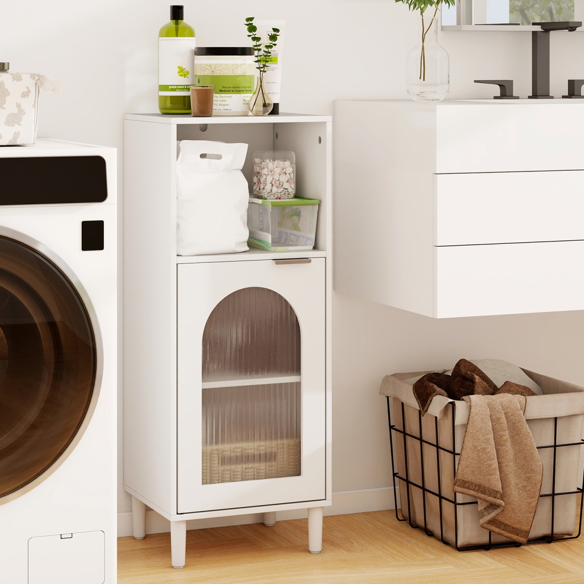 JV12697WH Bathroom Floor Cabinet Wood Side Storage Organizer with Adjustable Shelf - White