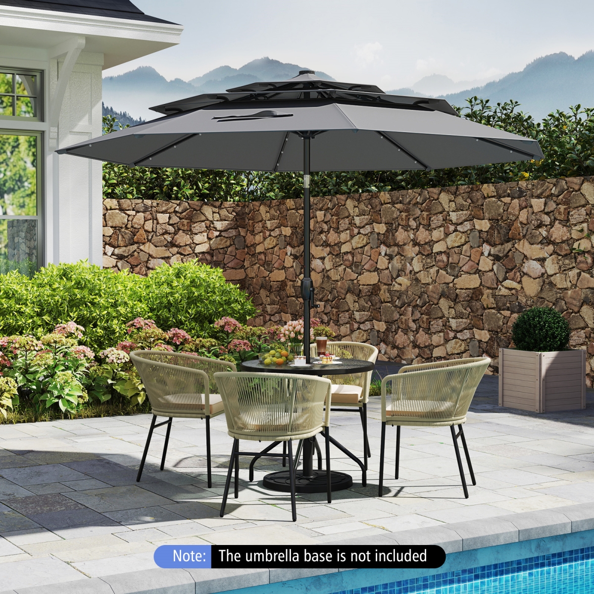 NP11543GR 10 ft. Solar Patio Umbrella with 32 LED Lights 3-Tier Vented Top - Gray