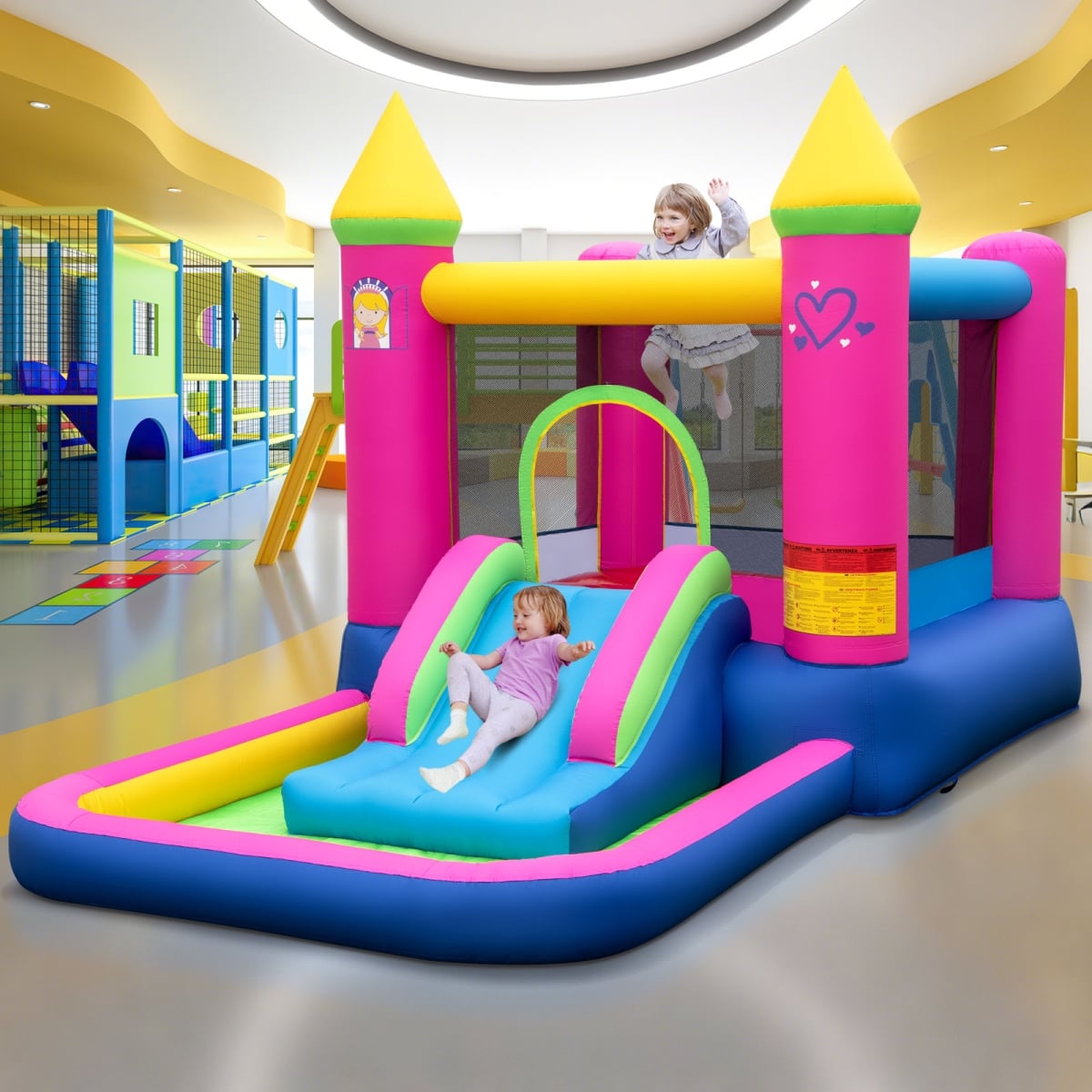 NP11959US Inflatable Bounce House 4-in-1 Kids Princess-Themed Bouncer Blow-Up Bouncy Castle with 480 Blower