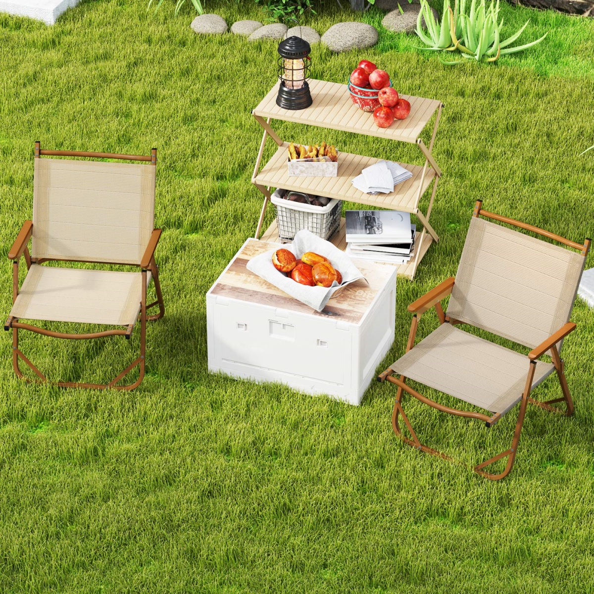 NP12051BE-2 Folding Camp Lightweight Beach Chairs - Beige - Set of 2