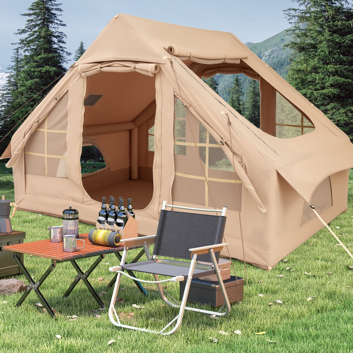 NP12691WH 4-6 People Inflatable Camping Tent with 4 Mesh Screen Windows & 2 Doors - White