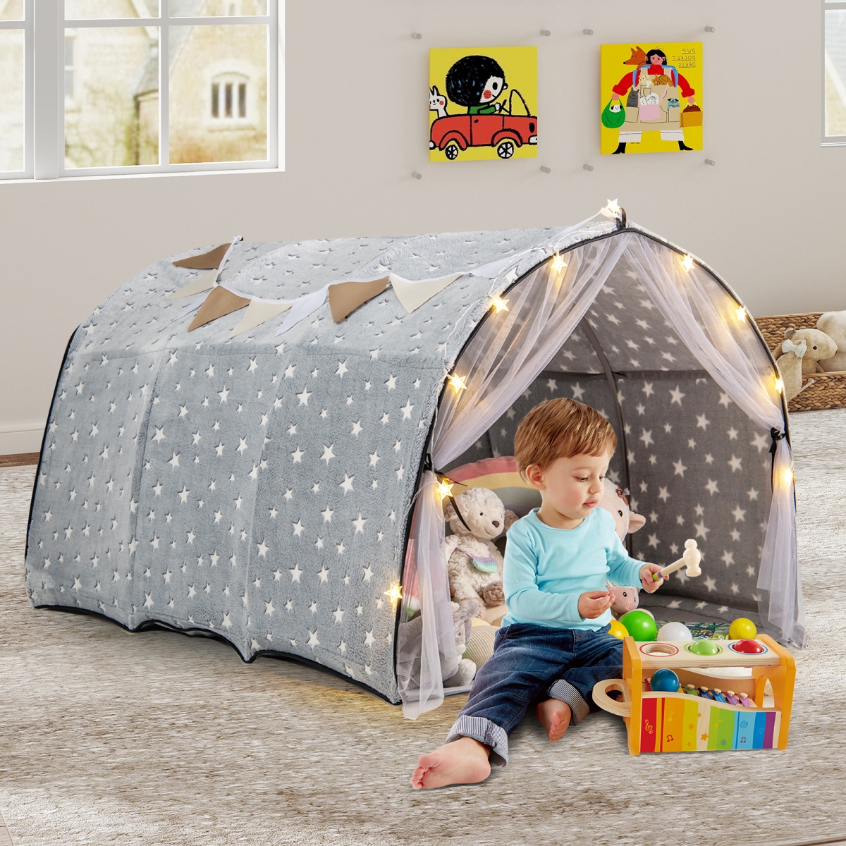 TP10315GR Kids Dream Bed Tent Twin Bunk Bed with Glow in the Dark Stars & Lights - Gray