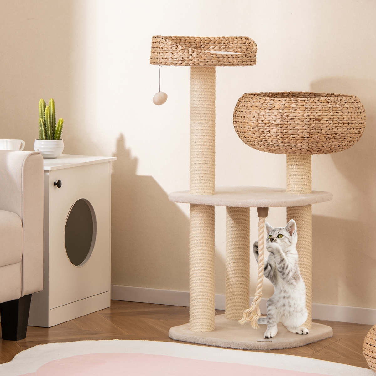 PS7475WH 41 in. Rattan Cat Tree with Napping Perch - White