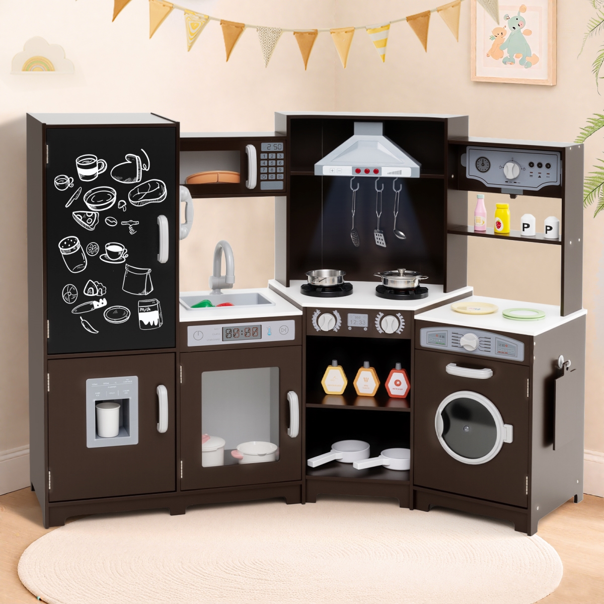TP10393CF Corner Wooden Play Kitchen with Lights & Sounds Large Pretend - Espresso