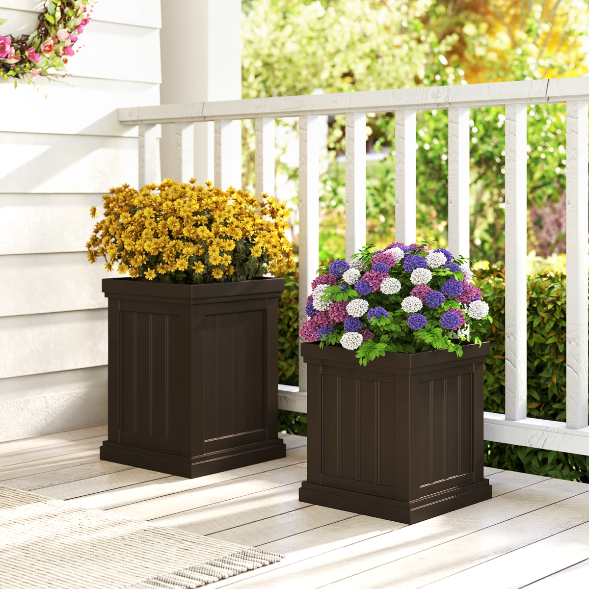 HZ10375BN Square Plastic Planters Small Flower Pots with Drainage Holes & Nesting Design - Brown - Set of 2