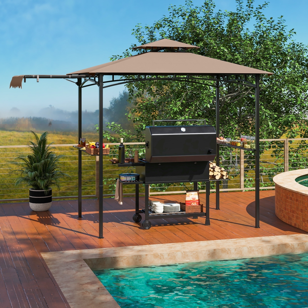NP11863CF 11 x 5 ft. Grill Gazebo with Side Awning & Double-Tiered Top - Brown