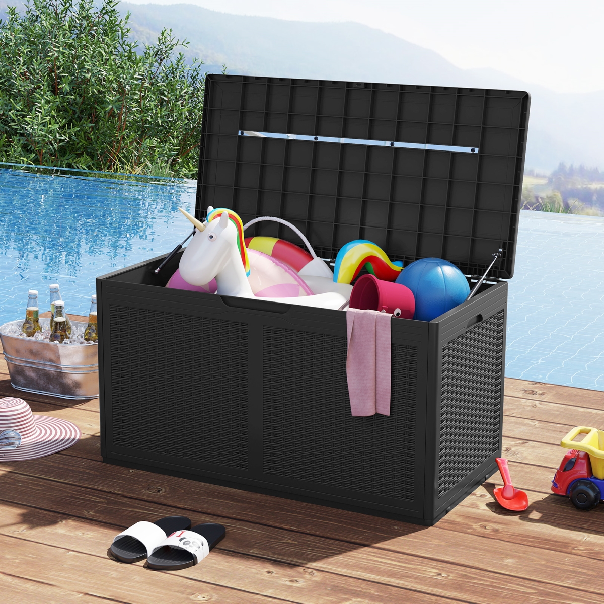NP12401DK 100 Gallon Resin Deck Box Outdoor Waterproof Storage Bench - Black