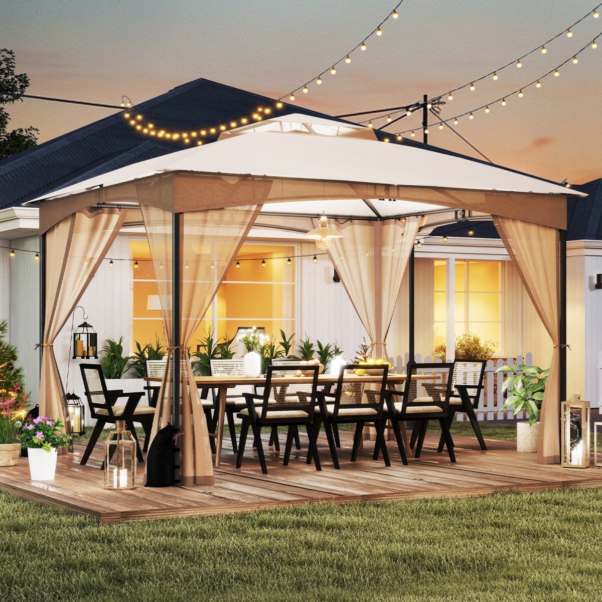 NP12544SA 10 X 12 ft. Patio Gazebo with Netting Walls with 4 Sandbags - Khaki