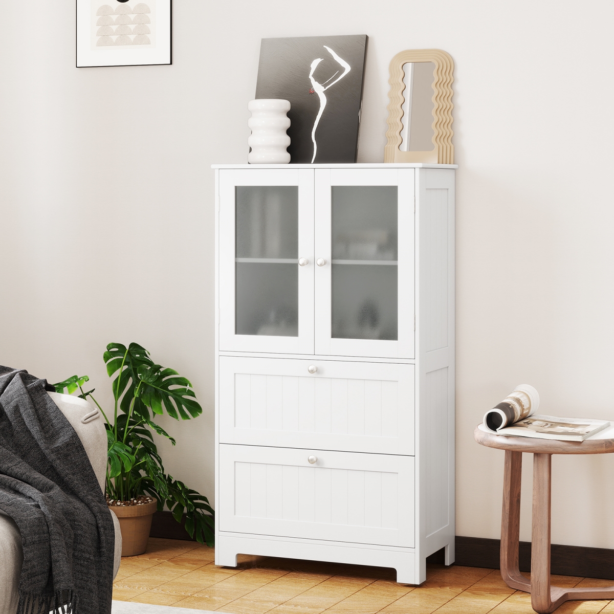 JV12712WH Bathroom Floor Storage Cabinet Freestanding Cupboard Pantry with 2 Drawers & 2 Frosted Glass Doors - White