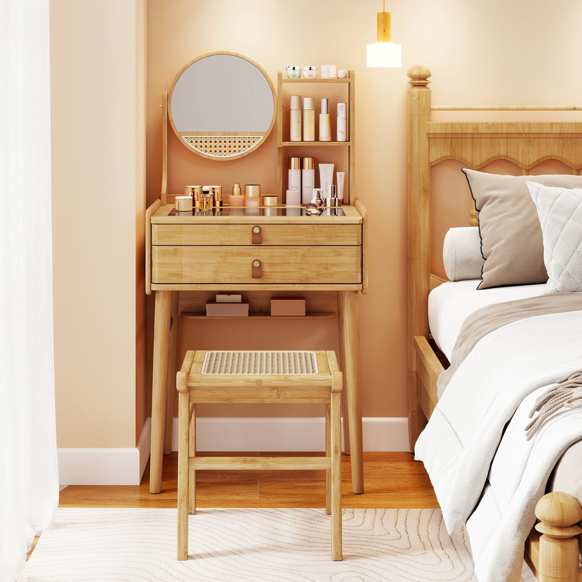 JV12757NA- JV11088NA Small Vanity Desk & Stool Set with Mirror & 2 Drawers