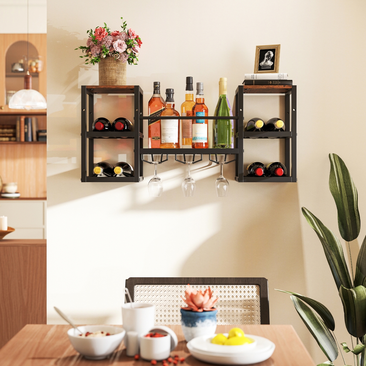 Picture of Costway JV12773CF Heavy-Duty Wall Mounted Wine Rack with Glass Holder Metal Frame 8-Bottle - Rustic Brown