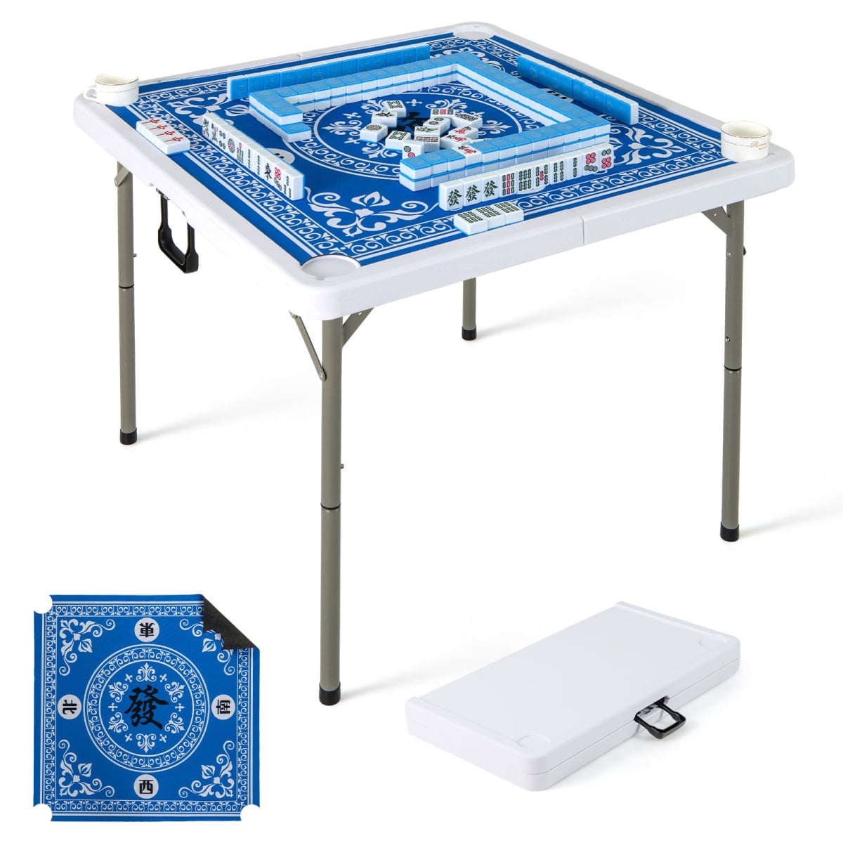 UY10170FC 35 in. 4 Player Game Card Folding Mahjong Table with Cup Holders - Light Blue