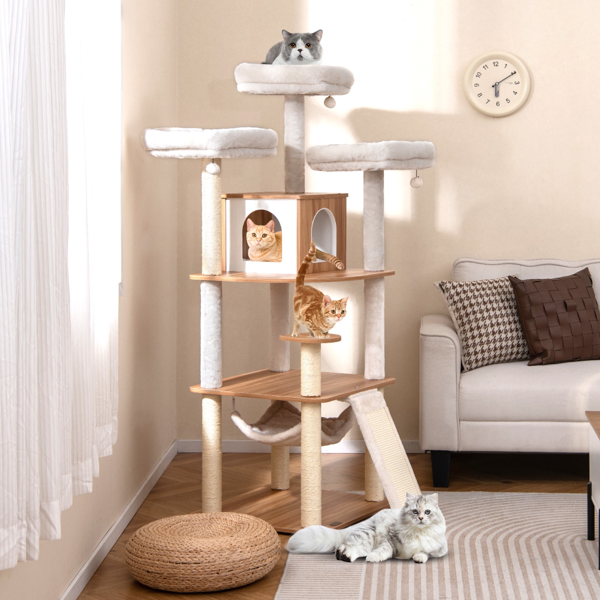 PV10302NA 68 in. Tall Cat Tree with 3 Padded Perches Condo & Sisal Scratching Posts - Natural