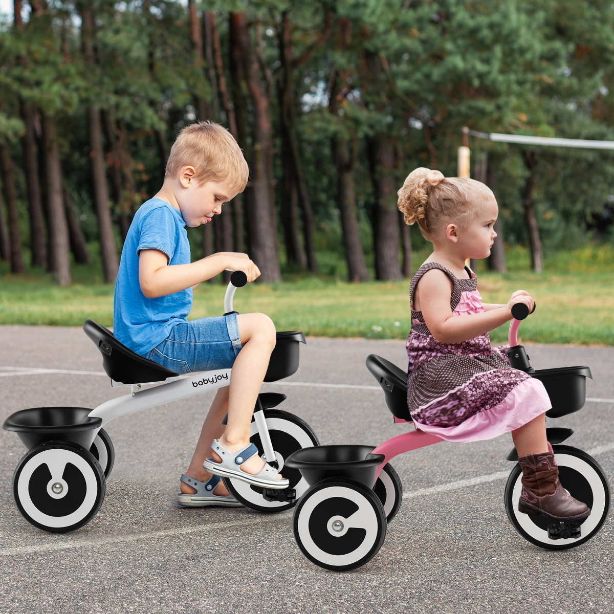 TS10241WH Toddler Tricycle with Adjustable Seat & Storage Baskets for 1.5-5 Years Old - White
